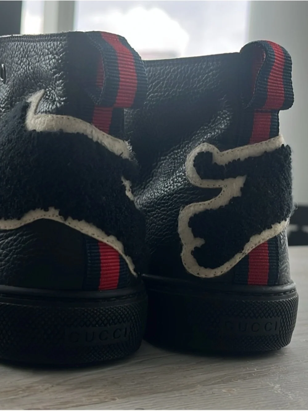 Gucci Black Leather High-Top Sneakers with Cream Laces
